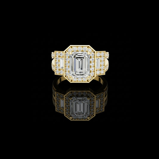 2.5 CT Iconic Statement Emerald Cut Center with Side Baguette Three Stone Double Halo Moissanite Diamond Ring