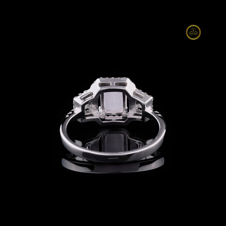 Emerald Cut Roseave Band Halo Moissanite Ring with Split Shank - view 2