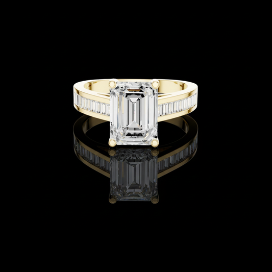1.00 CT Modern Emerald Cut Solitaire Moissanite Diamond Ring with Baguette Side Band in Gold