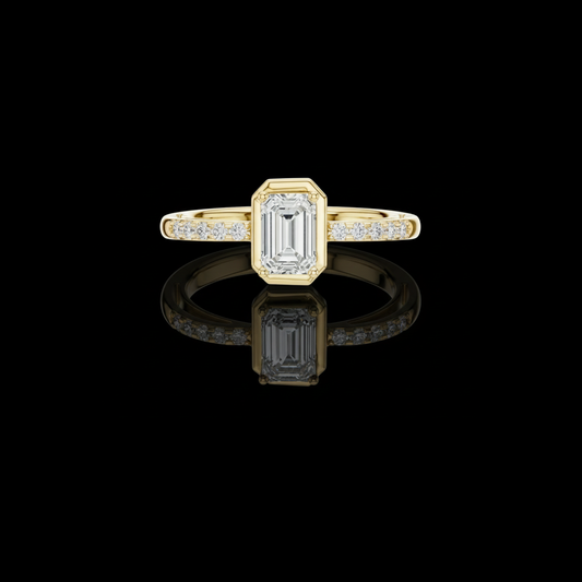 0.59 CT Stylish Emerald Moissanite Diamond Ring with Classy Four Prong with Bezel Setting and Pave Diamond Band