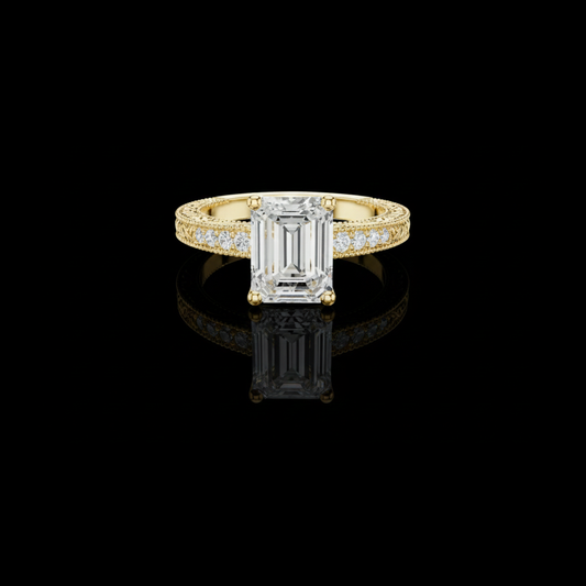 2.00 CT Luxury Emerald Cut Moissanite Diamond Ring with Pave Diamond Band and Milgrain Detailing