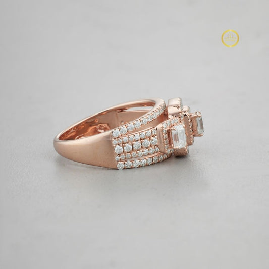 Three Stone Emerald Cut With Double Halo Anniversary Ring - view 3
