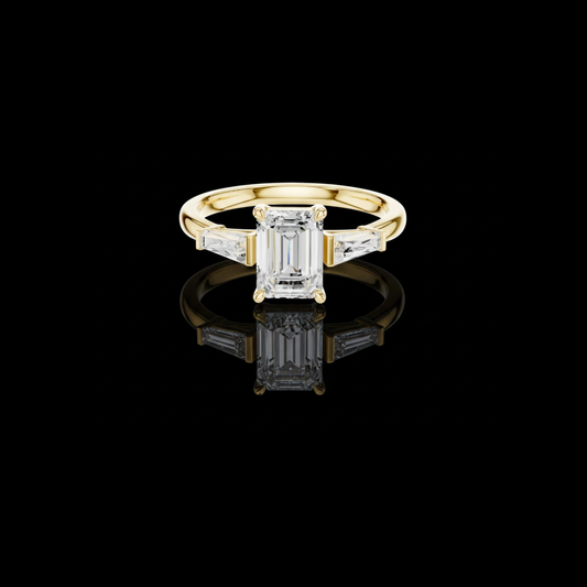 1.90 TCW Aura Emerald Cut Three Stone Moissanite Diamond Ring with Tapered Baguette Side Stones