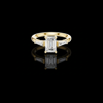 2.50 TCW Aura Emerald Cut Three Stone Moissanite Diamond Ring with Tapered Baguette Side Stones