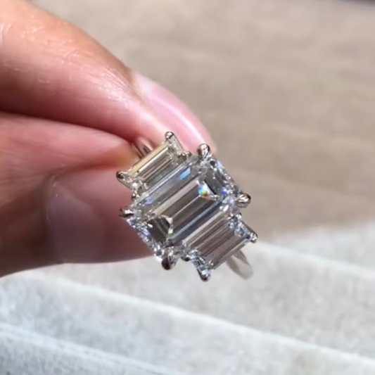 5.00 CT Signature Emerald Cut Three Stone Ring with Step Cut Side Moissanite Diamonds For Gift