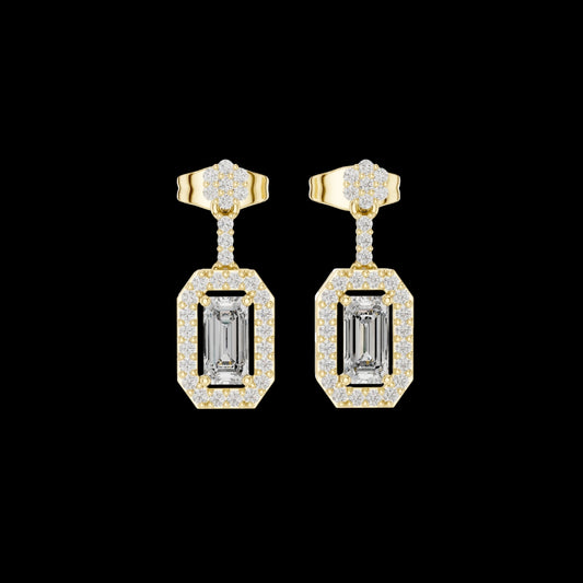 0.69 CT Imperial Emerald Cut Halo Moissanite Drop Earrings Gold with Geometric Brilliance Frame For Classy Girl