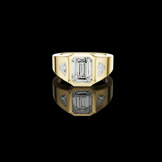 2.00 CT Bold Emerald Cut Signet Ring with Bezel Setting and Trillion Side Moissanite Diamonds For Him