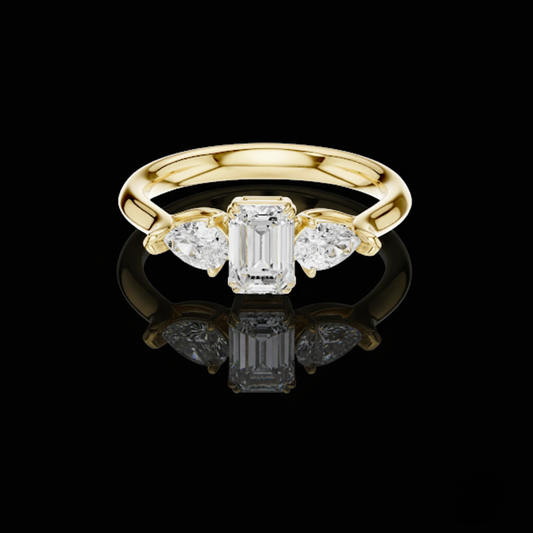 0.56 CT Emerald Cut Moissanite Diamond Trillian Side Stone Modern Heirloom Design Engagement Ring