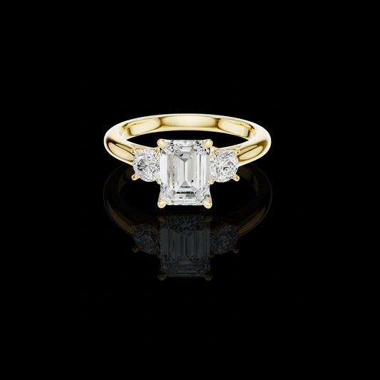 1.50 CT Exclusive Emerald Cut with Round Side Lab Grown Diamond Accents Elegant Three Stone Proposal Ring for Her