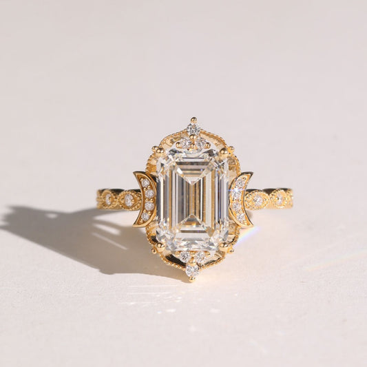 3.01 CT Vintage Filigree Band with Emerald Cut Lab Diamond Ring & Sculpted Side Accents