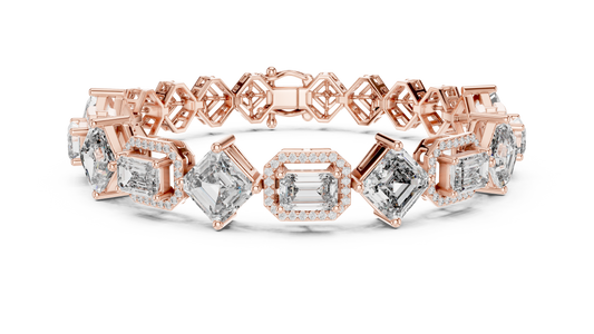 12.04 TCW Unique Geometric Emerald Moissanite Diamond Bracelet with Alternating Halo and Open Gallery Design