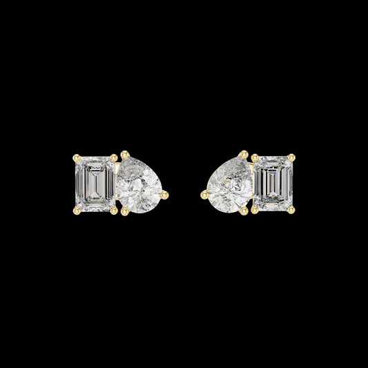 2.00 CT Modern Moissanite Diamond Stud Earrings Featuring Emerald Cut and Pear Cut Duo