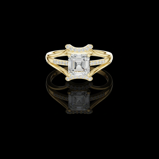 1.08 CT Luxurious Split Shank Moissanite Ring with a Brilliant Emerald Cut Diamond and Pave Accents