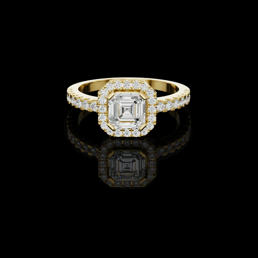 0.77 CT Emerald Cut Center Stone Surrounded by a Sparkling Halo and Moissanite Diamond Set Band