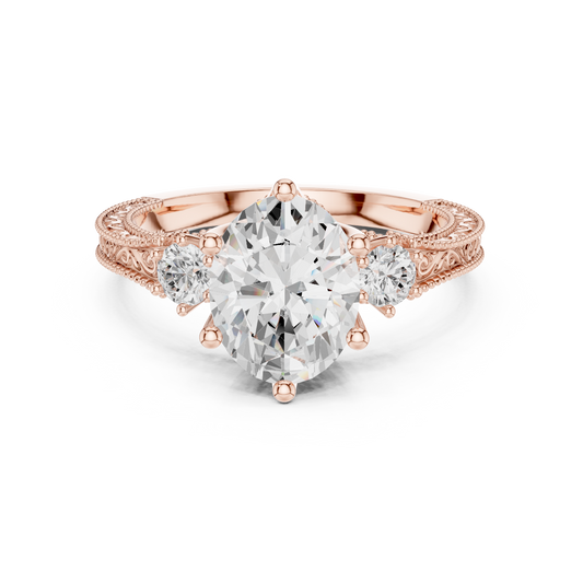 2.50 CT Glamour Vintage Oval Cut Lab Diamond Ring with Round Side Stones Engraved in Gold