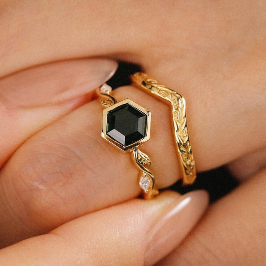 1.45 CT Vintage Inspired Lab Grown Hexagon Cut Green Diamond Ring with Hand Engraved Band