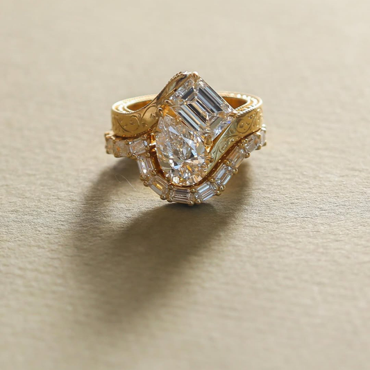 5.62 TCW Luxury Pear & Emerald Cut Toi Et Moi Lab Grown Diamond Vintage Engraved Bridal Set Ring Fine Jewelry