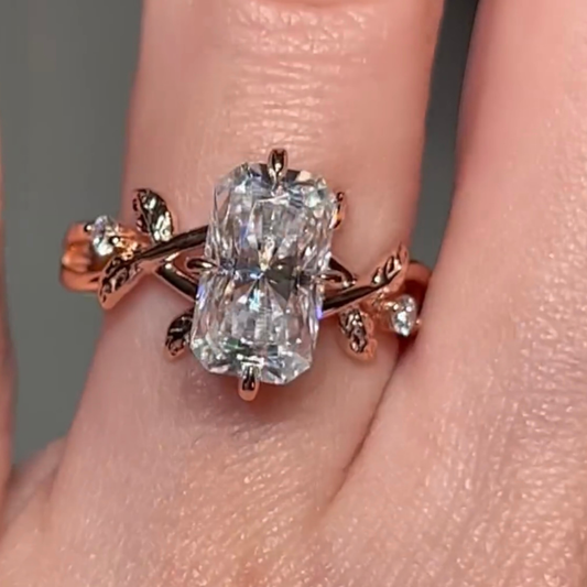 2.25 CT Elongated Radiant Cut Moissanite Diamond with Nature Inspired Leaf Band and Hidden Accent Statement Ring