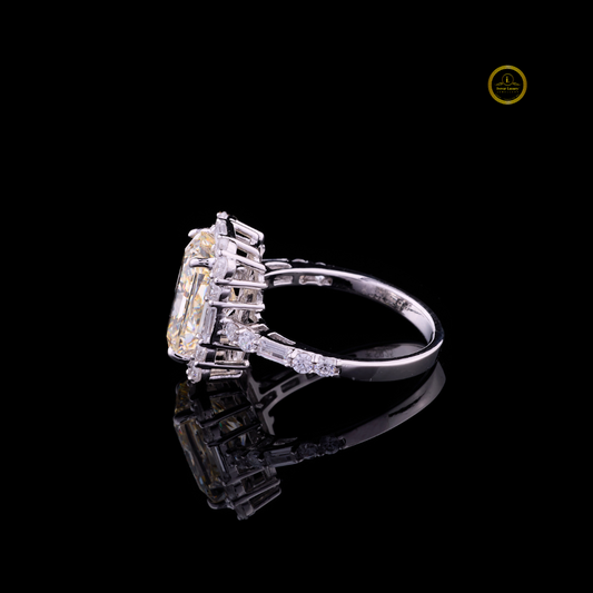 Fancy Intense Radiant Cut Moissanite Halo Ring With Baguette Side Stones - view 3
