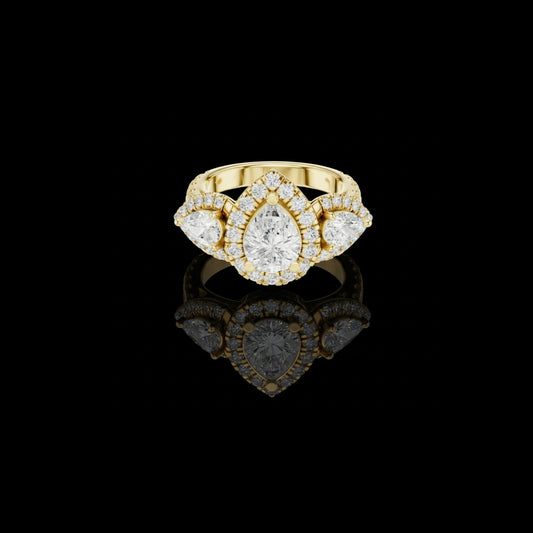 1.50 CT Heirloom Pear Cut Moissanite Diamond Halo Ring with Triple Stone Design & Pave Accents