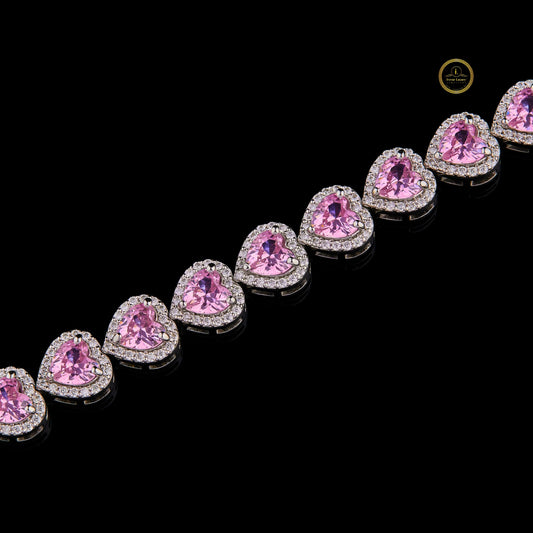 Pink Heart Cut Moissanite Diamond Halo Tennis Bracelet
