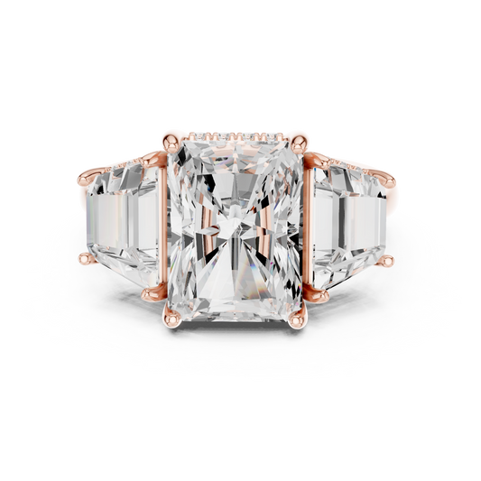 3.00 CT Bliss Radiant Cut Moissanite Three Stone Bold Centerpiece with Tapered Side Stones Ring