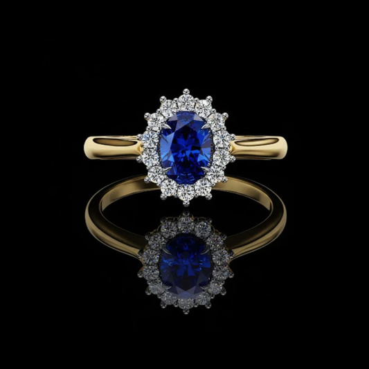 0.45 CT Fancy Vivid Blue Oval Ring with Brilliant Moissanite Diamond Inspired Halo Accent