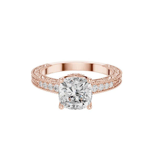 1.78 CT Vintage Inspired Cushion Cut Lab Grown Diamond Ring with Detailed Filigree and Pave Band
