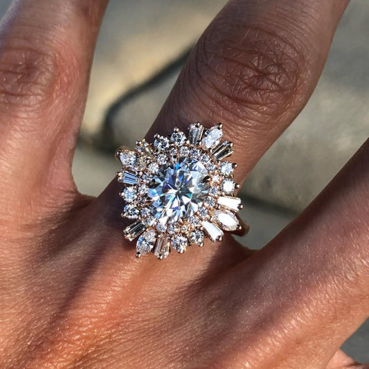 2.00 CT Iconic Round Halo Statement Ring with Mixed Cut Moissanite Diamond Sunburst Design in Warm Gold Finish