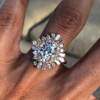 2.00 CT Iconic Round Halo Statement Ring with Mixed Cut Moissanite Diamond Sunburst Design in Warm Gold Finish