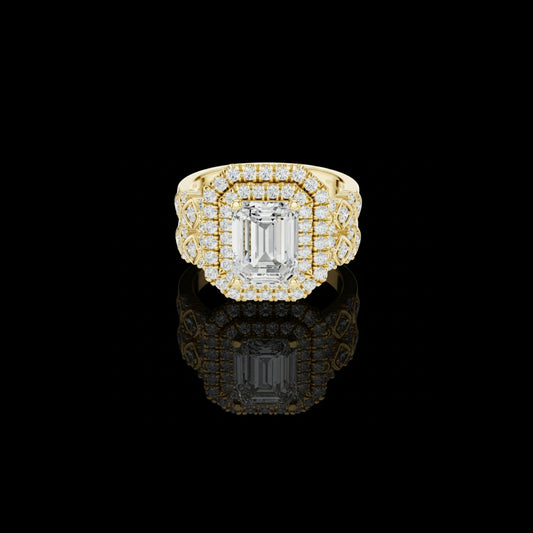 2.00 CT Statement Gold Emerald Cut Moissanite Diamond Halo Ring with Double Pave Setting For Bridal