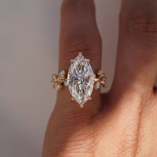 Nature Inspired Marquise Lab Diamond Ring With Leaf Accent - view 4