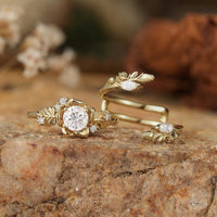0.5 CT Blossom Vintage Inspired Lab Diamond Ring Set with Sculpted Floral Motifs and Leaf Accents