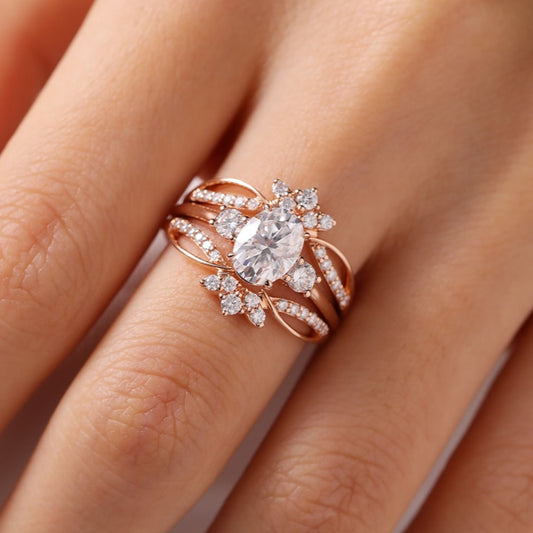 1.45 CT Romantic Oval Cut Moissanite Diamond Floral Ring with Split Shank Pave Band