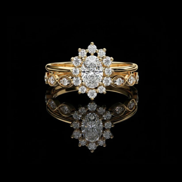 Oval Cut Lab Diamond Floral Halo Ring With Double Band