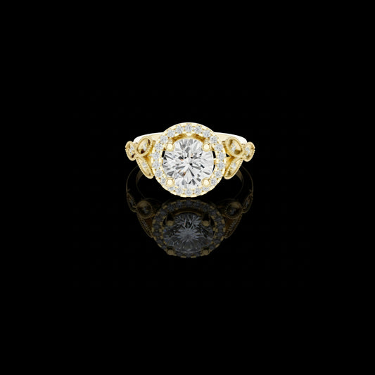 2.00 CT Regal Blossom Halo Round Cut Lab Diamond Ring with Ornate Floral Scroll Band For Girlfriend