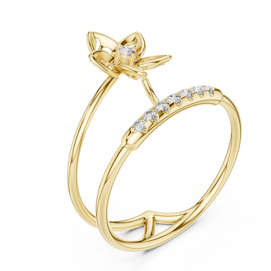 Dual Pave Band Flower Round Moissanite Ring - view 2