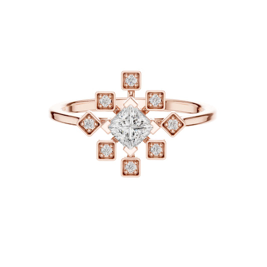 0.22 CT Unique Princess Cut Lab Grown Diamond Starburst Ring with Bezel Set Accent Diamonds