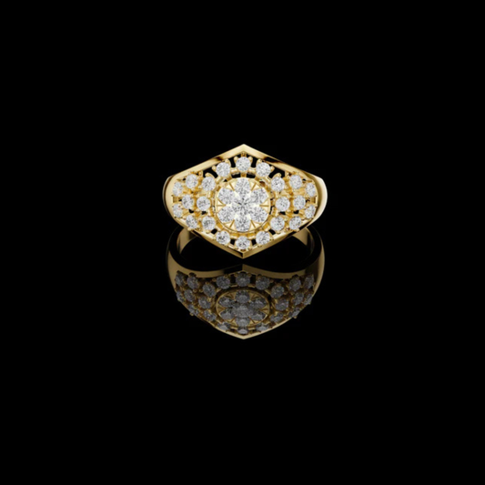 0.70 TCW Geometric Ring With A Moissanite Diamond Cluster And Intricate Halo Lattice Detailing