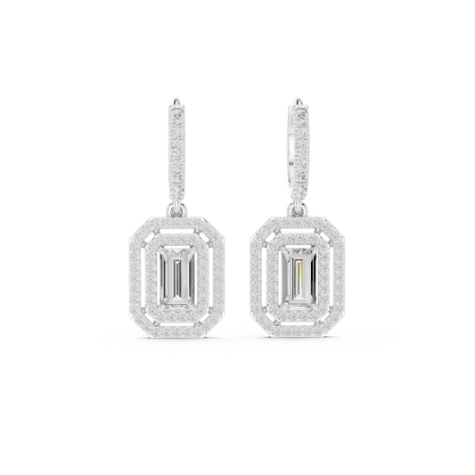Art Deco Double Halo Emerald Cut Huggie Earrings - view 3