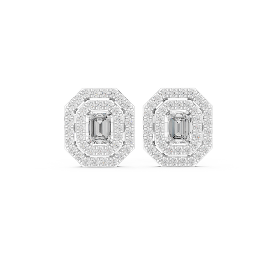 Octagonal Double Halo Emerald Cut Stud Earring - view 3