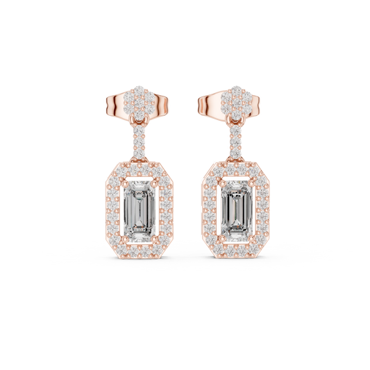 0.69 CT Imperial Emerald Cut Halo Moissanite Drop Earrings Gold with Geometric Brilliance Frame For Classy Girl