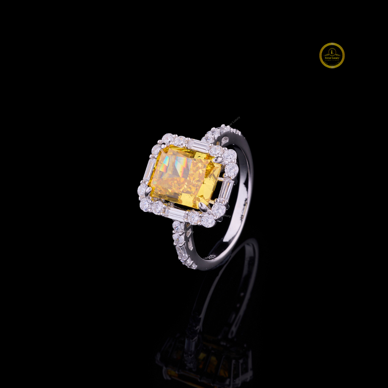 Fancy Vivid Yellow Radiant Moissanite Ring Halo Set Pave Band - view 2