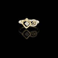 0.44 TCW Great Moissanite Round Cut Geometric Diamond Ring with Square Halo & Spiral Accent