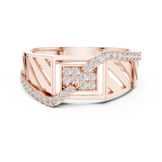 0.34 TCW Luxurious Round Moissanite Diamond with Architectural Cutwork Geometric Pave Stones Statement Ring