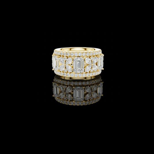 4.80 CT Majestic Wide Lab Diamond Band Featuring Emerald Cut Center Stones with Pear Floral Motifs