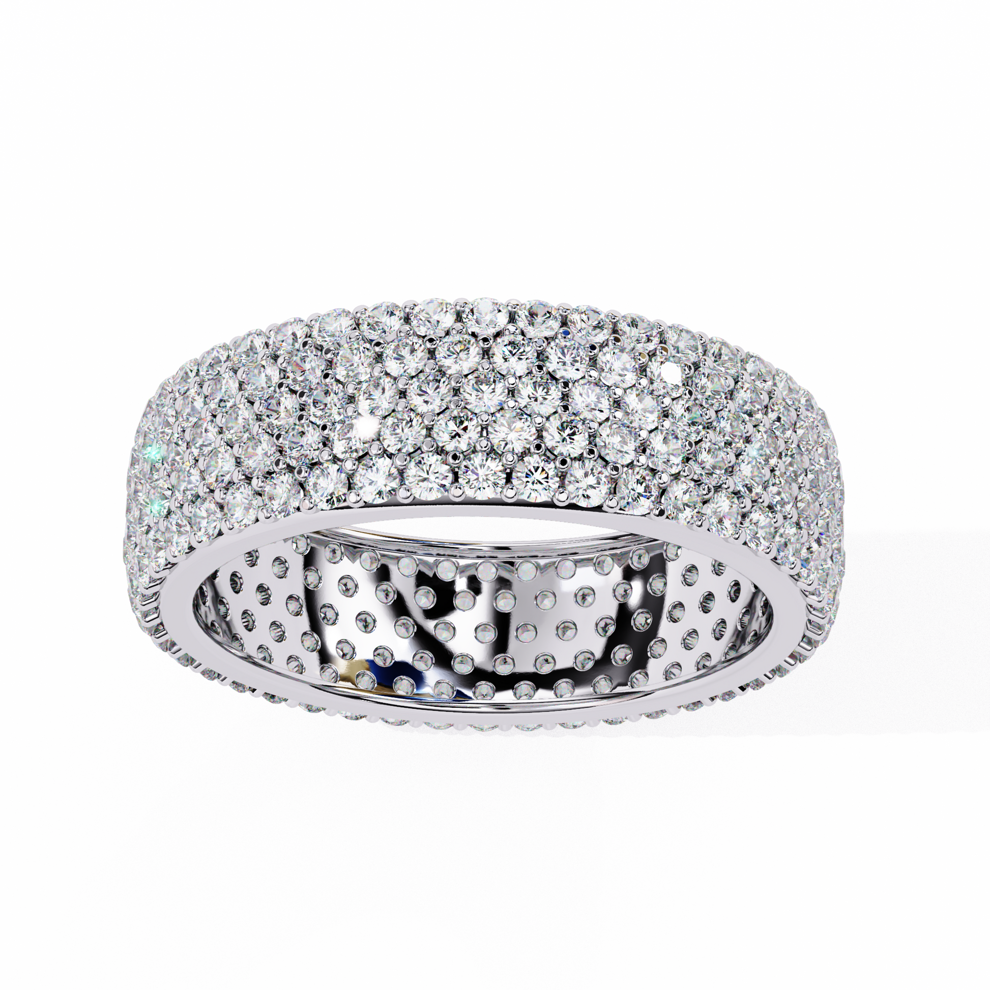 Silver ring with multiple rows of diamonds 