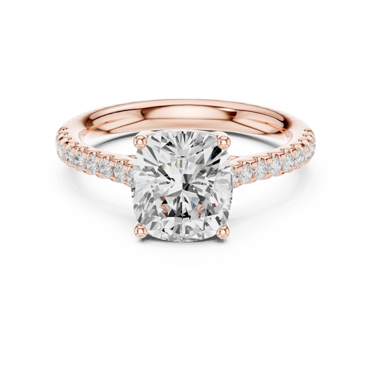 2.00 CT Handcrafted Cushion Cut Moissanite Diamond Ring with Pave Band in Gold For Bride
