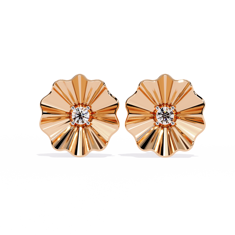 Sunburst Round Center Flower Stud Earrings with Fluted Design - view 2