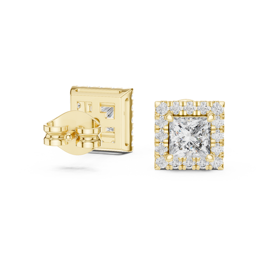 1.00 CT Royal Square Princess Moissanite Diamond Stud Earrings with Halo Round Diamond